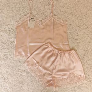 NWT Silk Pajama Set | Satin Pink Cami + Shorts with Lace
